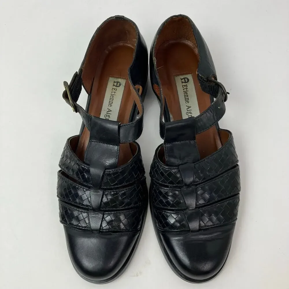Etienne Aigner Sz 6.5 Vintage 90s T-strap Closed Toe Fisherman Sandals Black